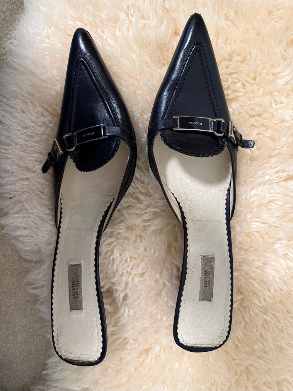 Vintage Prada Black Leather Pointed Mules with Metal Logo Plaque - Picture 3 of 5